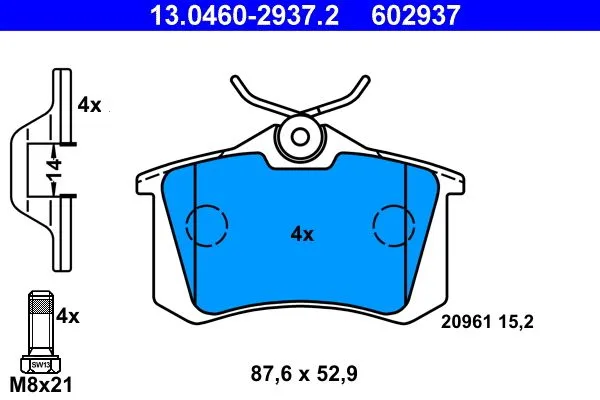 ATE — სამუხრუჭე ხუნდი უკ — MPN PN0019W — Audi A4 B6 8E2 (2000–2004)